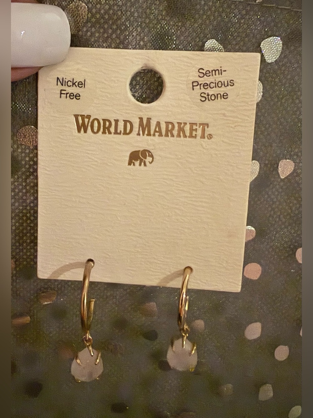 Cost Plus World Market Gold Hoop Earrings with White Semi-Precious Drops